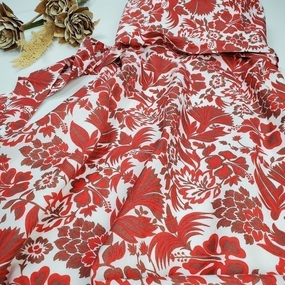 🔴 Campaign Brown Red Floral Belted Strapless Dress Size 6 - Picture 14 of 15